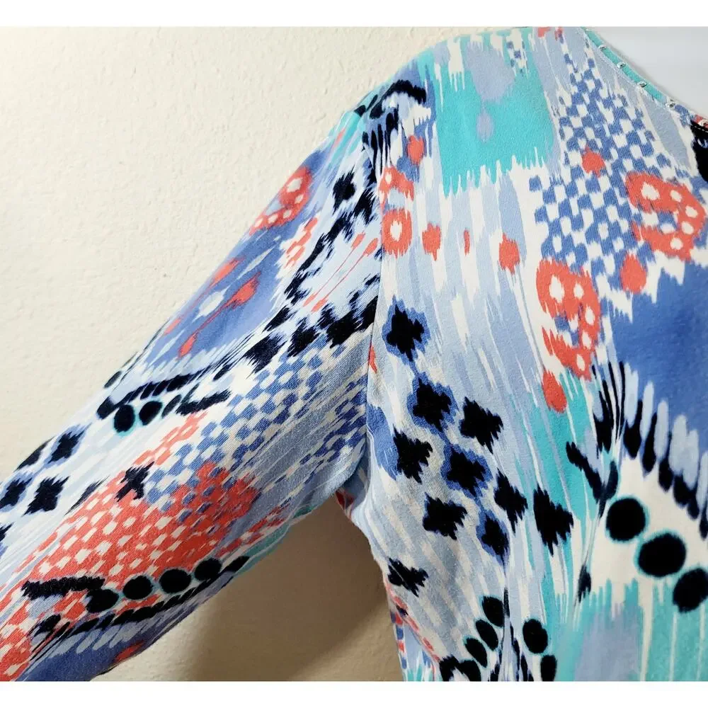 Ruby Rd. Blue White Orange Abstract Print V Neck Top Large Lightweight Soft